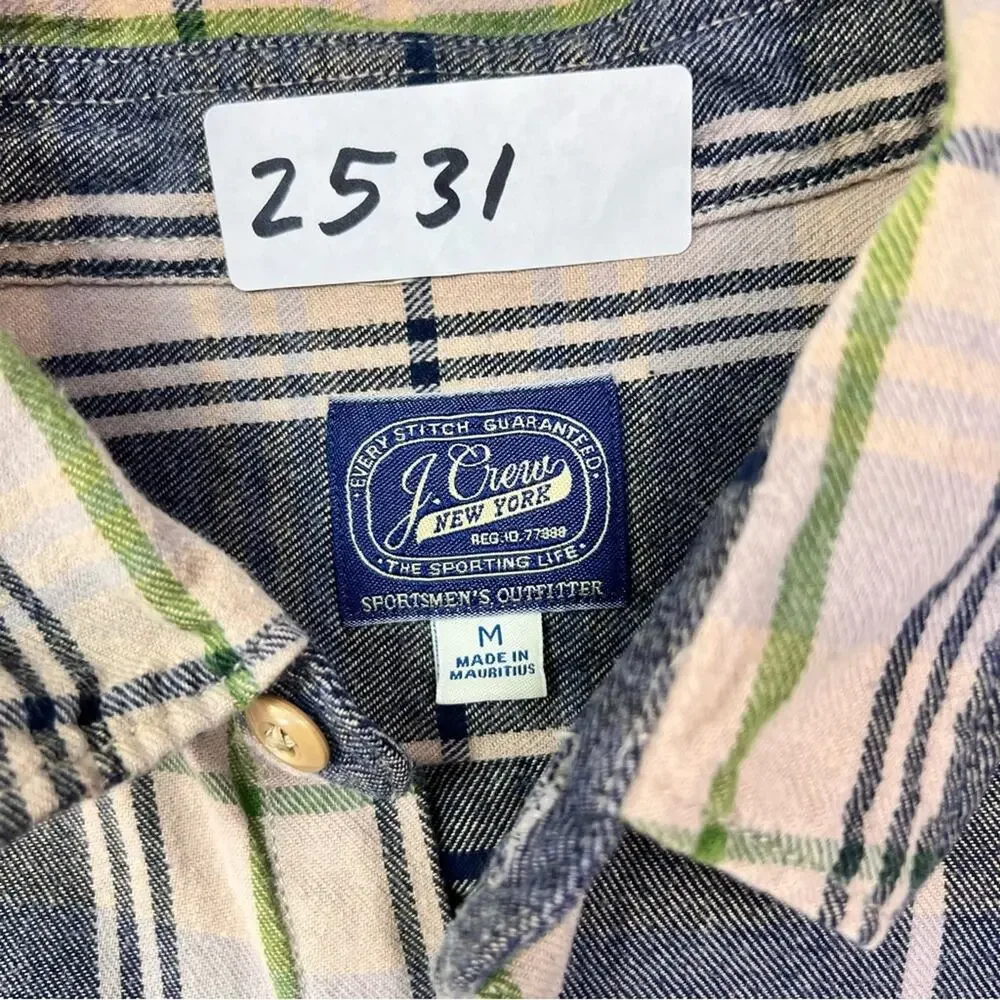 J. Crew Shirt Mens Long Sleeve Button Down Medium Beige Black Flannel Plaid